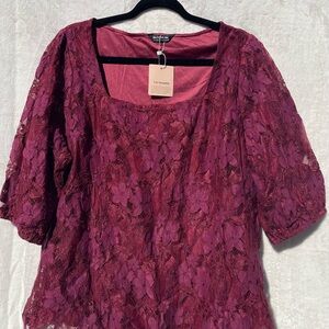 BloomChic Wine Lace Patchwork Blouse | Lantern Sleeve Plus Size Top